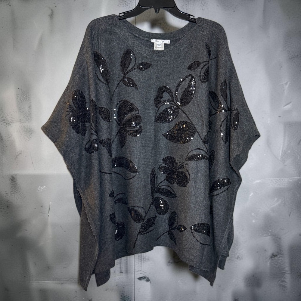 Chicos Gray Sequin Floral Knit Poncho Top L/XL Charcoal Gray Heather 570356018